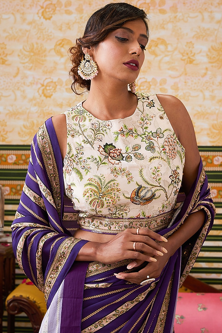Purple Crepe Embroidered Pre-Draped Party Wear Saree Set by Soup by Sougat Paul at Pernia's Pop Up Shop