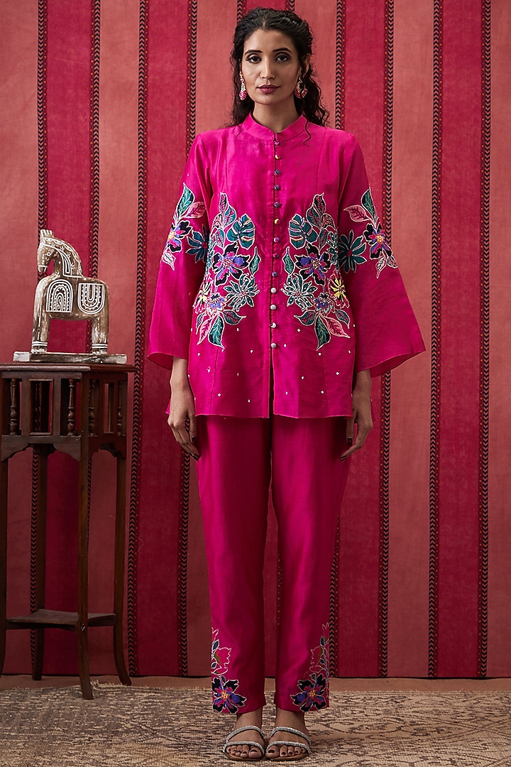 Fuchsia Pink Chanderi Silk Applique Work Co-Ord Set by Soup by Sougat Paul at Pernia's Pop Up Shop