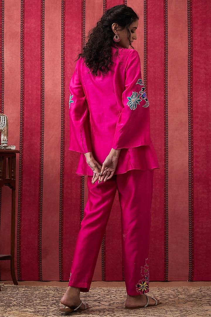 Fuchsia Pink Chanderi Silk Applique Work Co-Ord Set by Soup by Sougat Paul at Pernia's Pop Up Shop