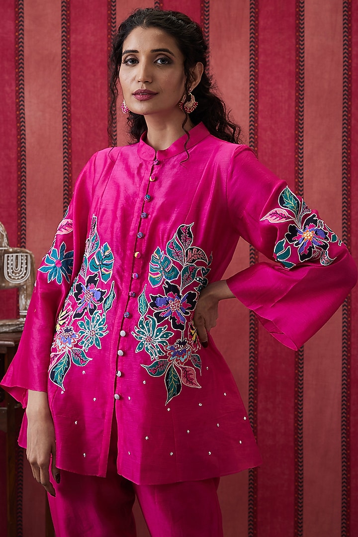 Fuchsia Pink Chanderi Silk Applique Work Co-Ord Set by Soup by Sougat Paul at Pernia's Pop Up Shop