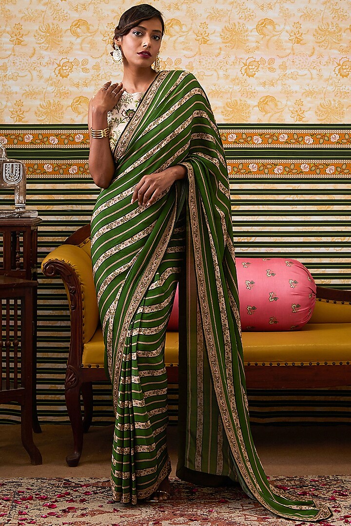 Green Brocade Silk Embroidered Pre-Draped Saree Set by Soup by Sougat Paul at Pernia's Pop Up Shop