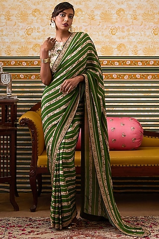 Green Brocade Silk Embroidered Pre-Draped Saree Set by Soup by Sougat Paul