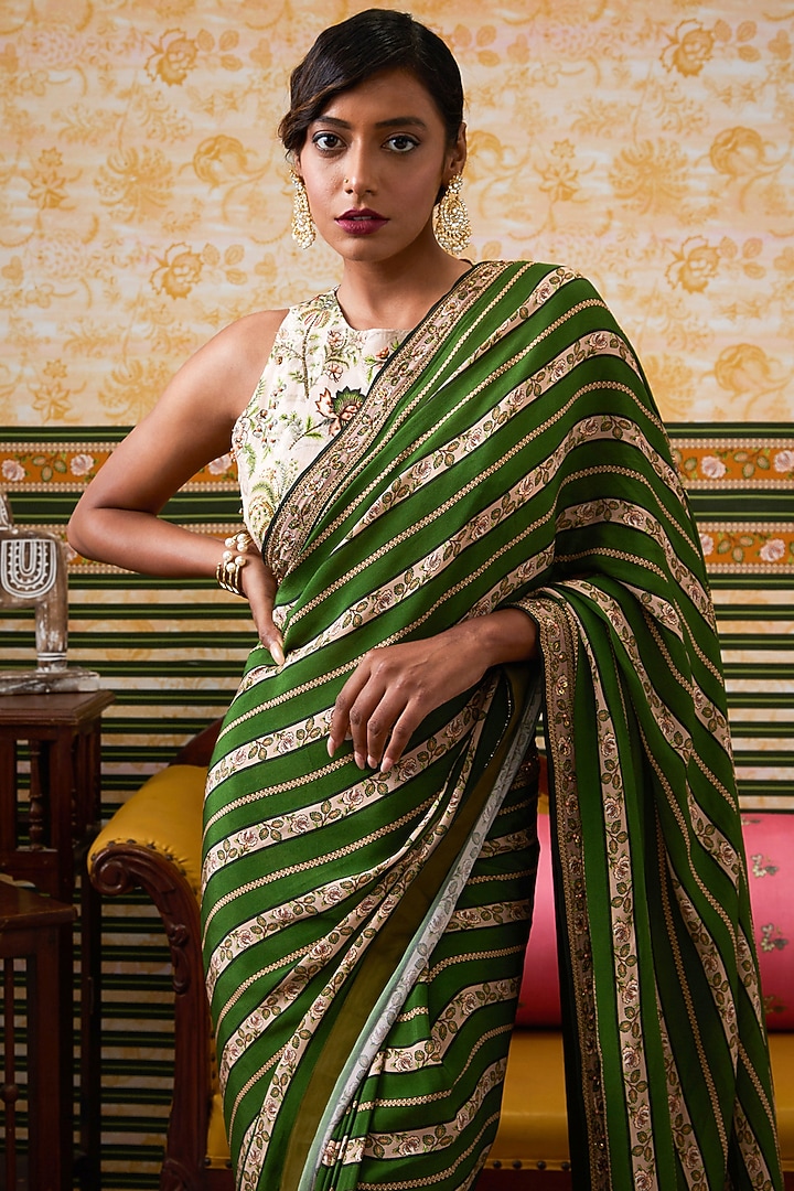 Green Brocade Silk Embroidered Pre-Draped Party Wear Saree Set by Soup by Sougat Paul at Pernia's Pop Up Shop