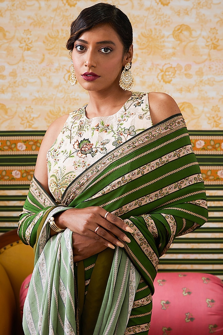 Green Brocade Silk Embroidered Pre-Draped Party Wear Saree Set by Soup by Sougat Paul at Pernia's Pop Up Shop