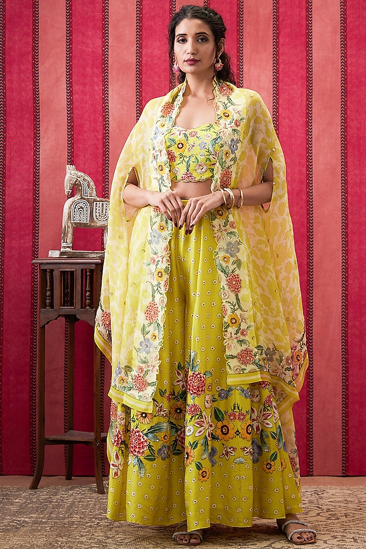 Yellow Chiffon Embroidered Cape Set by Soup by Sougat Paul at Pernia's Pop Up Shop