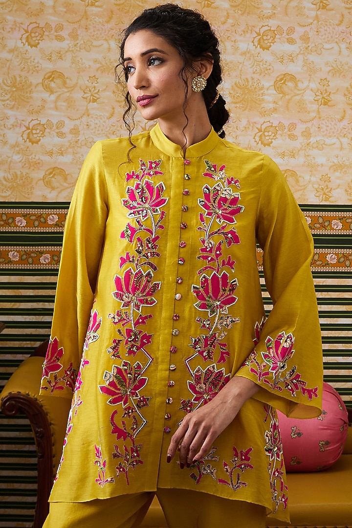 Yellow Cotton Silk Applique Work Co-Ord Set by Soup by Sougat Paul at Pernia's Pop Up Shop
