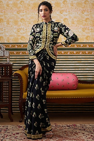 Black Crepe Draped Skirt Set by Soup by Sougat Paul
