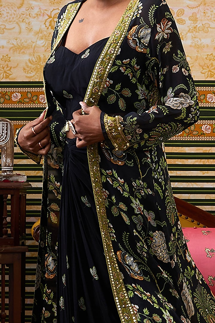 Black Crepe Printed Draped Skirt Set by Soup by Sougat Paul at Pernia's Pop Up Shop