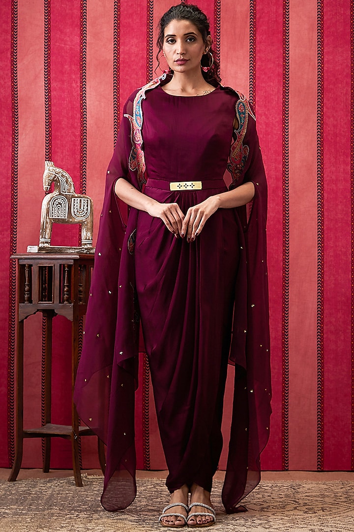 Wine Satin Draped Dress With Applique Work Cape by Soup by Sougat Paul