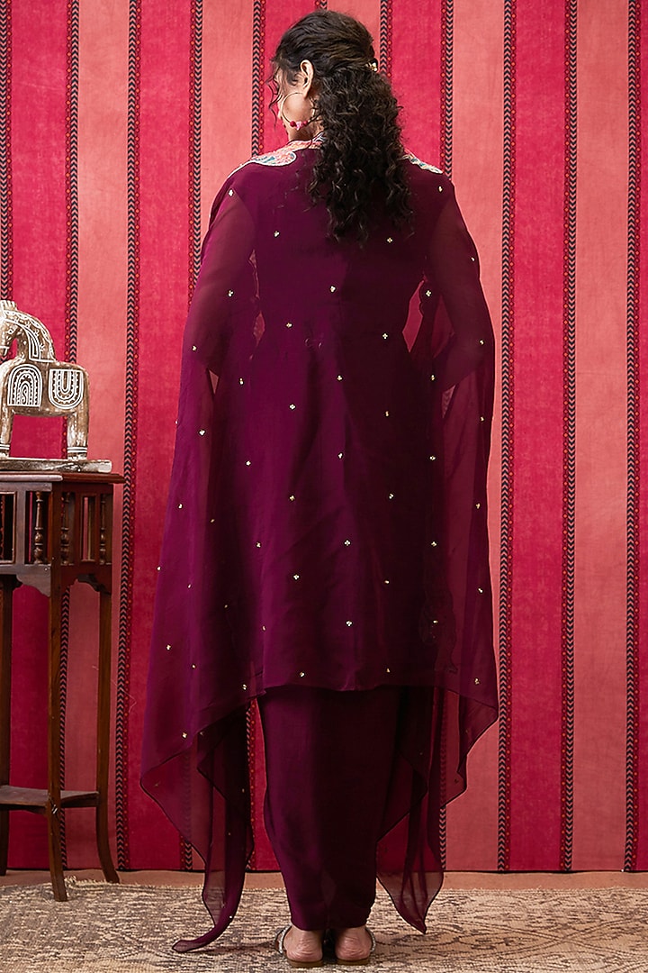 Wine Satin Draped Vacation Dress With Applique Work Cape by Soup by Sougat Paul at Pernia's Pop Up Shop