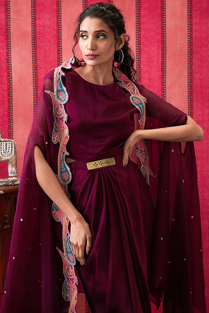 Wine Satin Draped Vacation Dress With Applique Work Cape by Soup by Sougat Paul at Pernia's Pop Up Shop