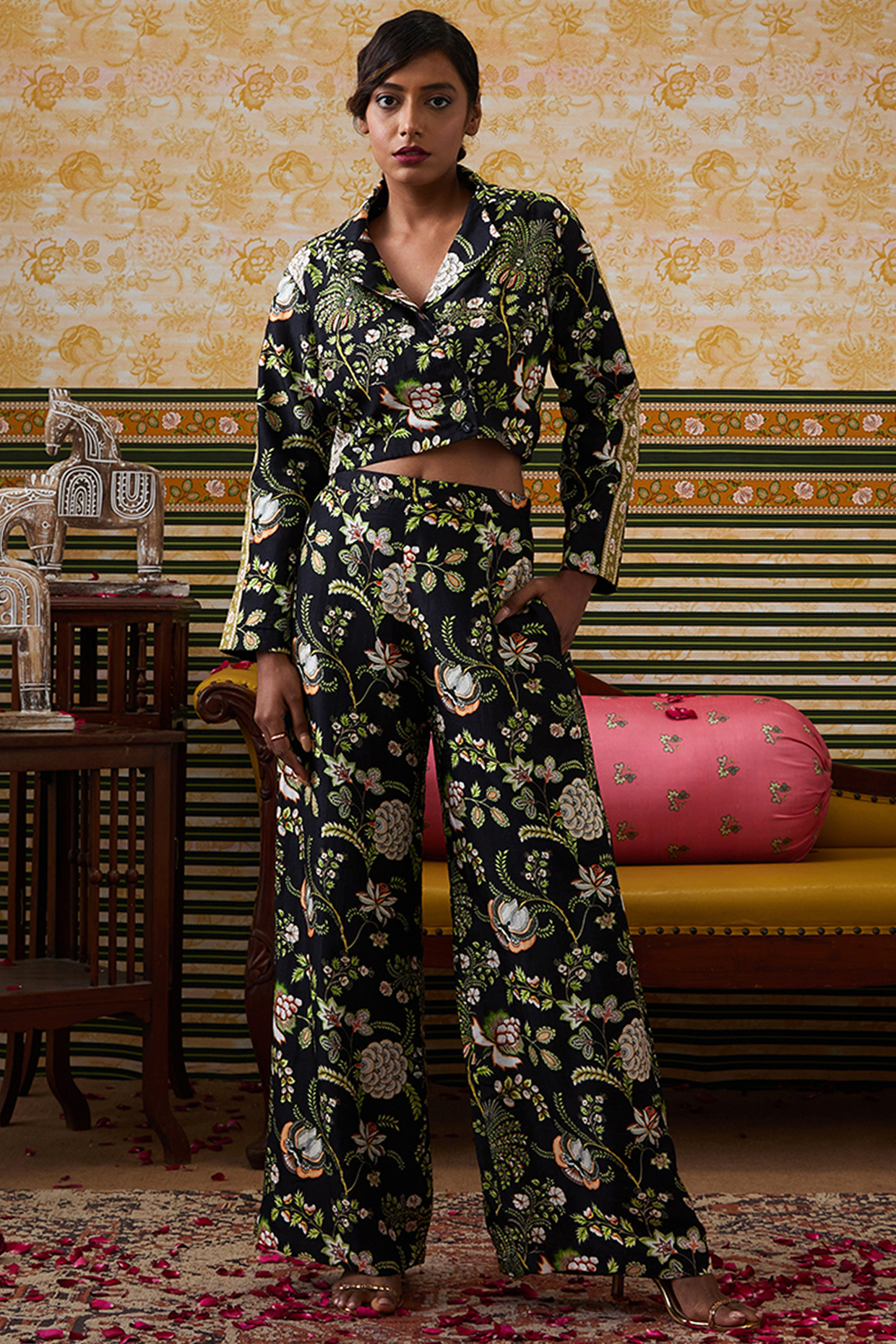 Black Malaysian Silk Printed Co-Ord Set by Soup by Sougat Paul at Pernia's Pop Up Shop
