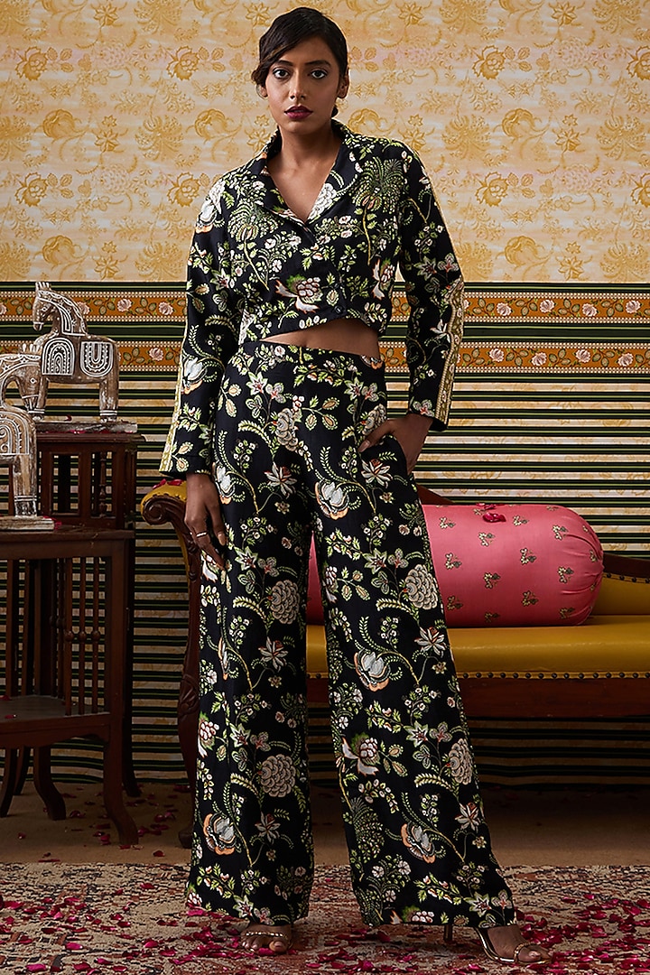 Black Malaysian Silk Printed Co-Ord Set by Soup by Sougat Paul at Pernia's Pop Up Shop