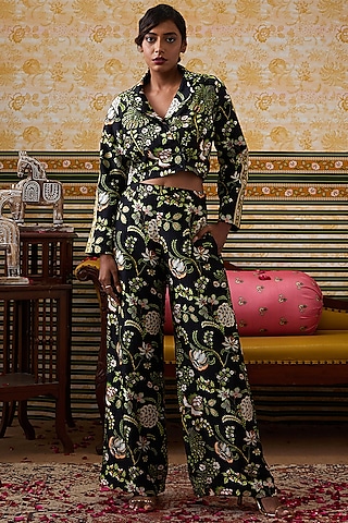 Black Malaysian Silk Printed Co-Ord Set by Soup by Sougat Paul