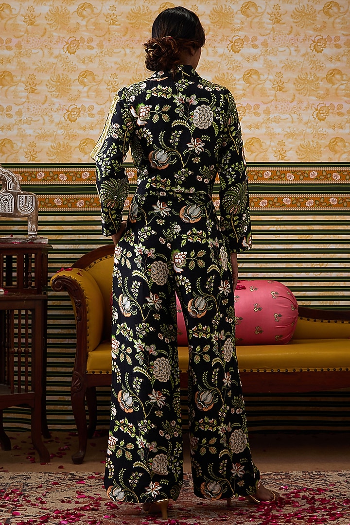 Black Malaysian Silk Printed Co-Ord Set by Soup by Sougat Paul at Pernia's Pop Up Shop
