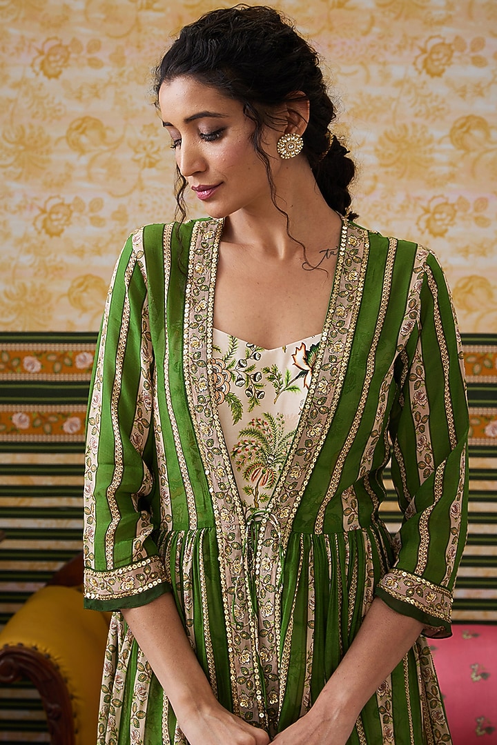 Beige Crepe Printed Jumpsuit With Embellished Top by Soup by Sougat Paul at Pernia's Pop Up Shop