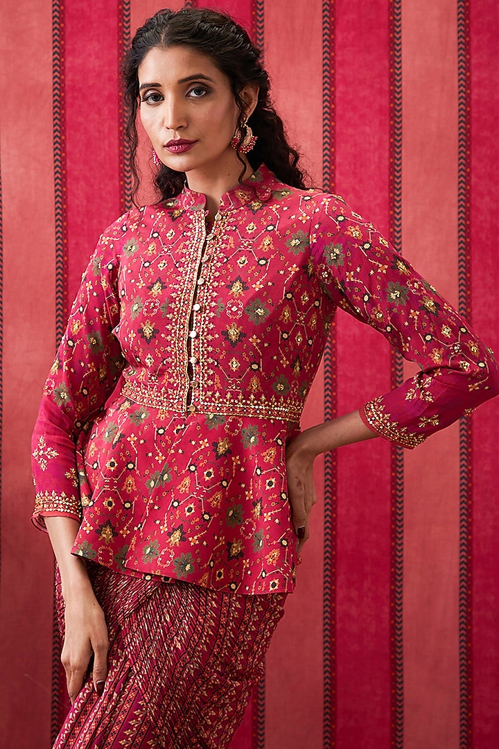 Fuchsia Pink Crepe Draped Skirt Set by Soup by Sougat Paul at Pernia's Pop Up Shop