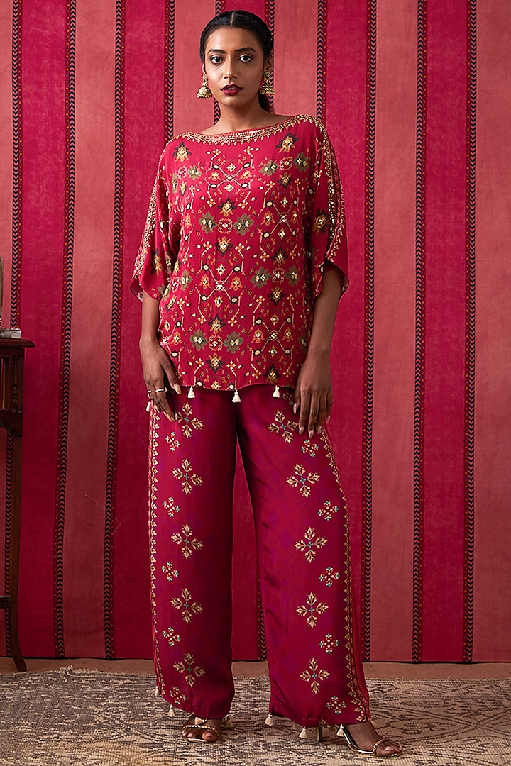 Fuchsia Pink Crepe Embroidered Co-Ord Set by Soup by Sougat Paul