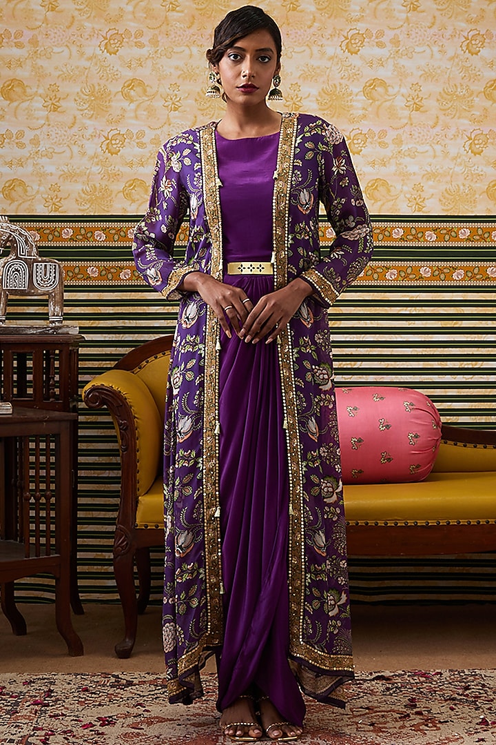 Purple Satin Draped Dress With Applique Work Cape by Soup by Sougat Paul at Pernia's Pop Up Shop