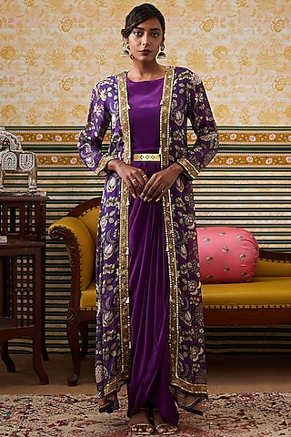 Purple Satin Draped Dress With Applique Work Cape by Soup by Sougat Paul