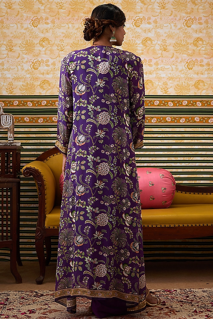 Purple Satin Draped Vacation Dress With Applique Work Cape by Soup by Sougat Paul at Pernia's Pop Up Shop