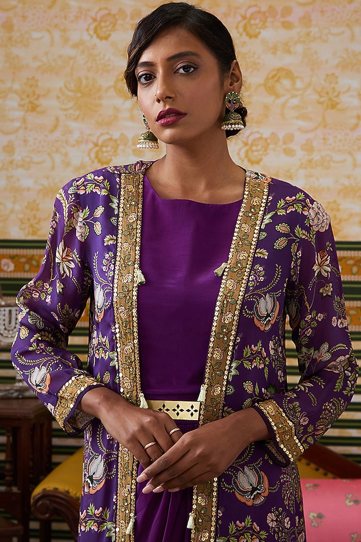 Purple Satin Draped Vacation Dress With Applique Work Cape by Soup by Sougat Paul at Pernia's Pop Up Shop