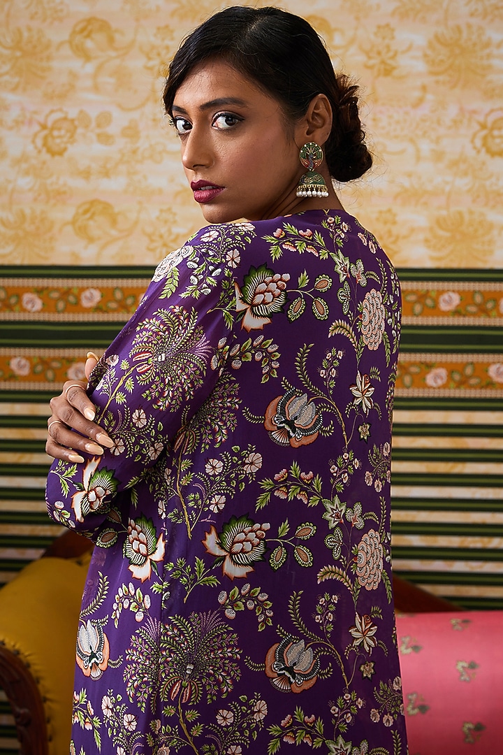 Purple Satin Draped Vacation Dress With Applique Work Cape by Soup by Sougat Paul at Pernia's Pop Up Shop