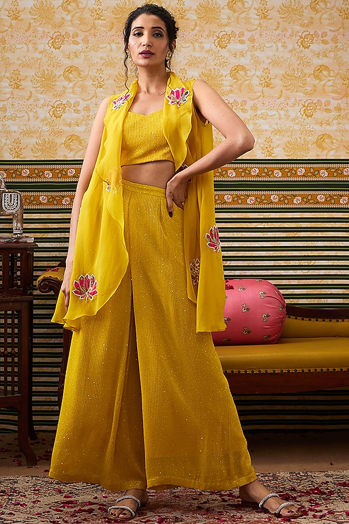 Yellow Organza Applique Work High-Low Jacket Set by Soup by Sougat Paul