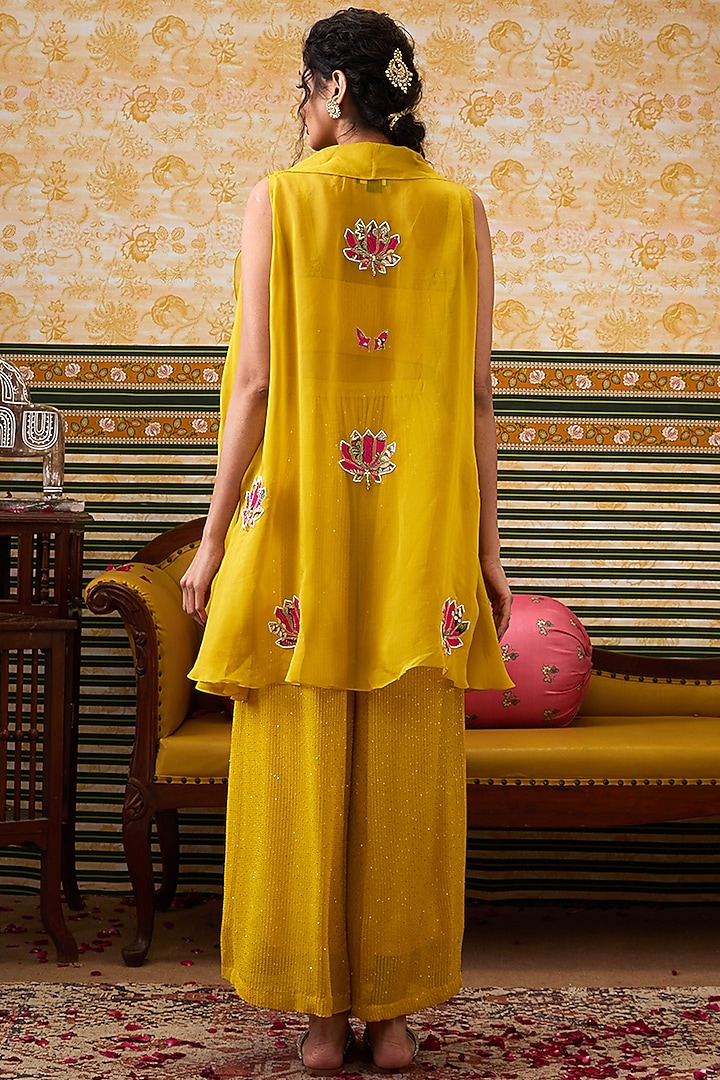 Yellow Organza Applique Work High-Low Jacket Set by Soup by Sougat Paul at Pernia's Pop Up Shop