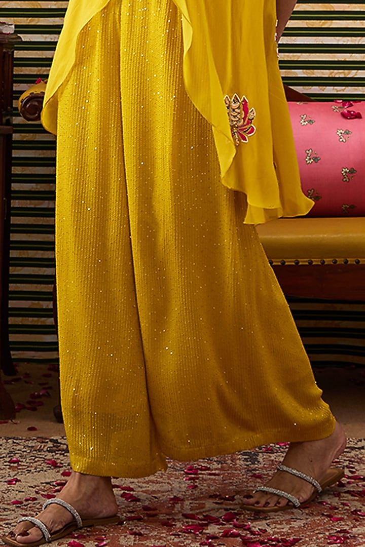 Yellow Organza Applique Work High-Low Jacket Set by Soup by Sougat Paul at Pernia's Pop Up Shop