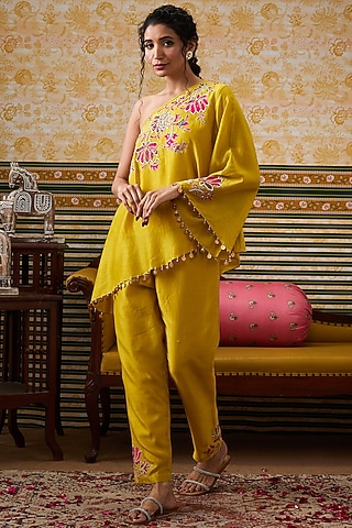 Yellow Chanderi Silk Patchwork Pant Set by Soup by Sougat Paul
