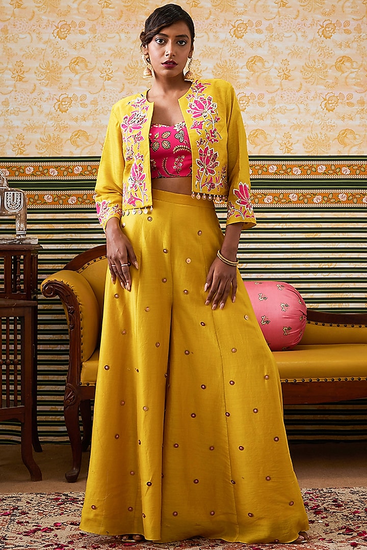 Yellow Chanderi Silk Patchwork Jacket Set by Soup by Sougat Paul