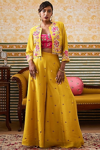 Yellow Chanderi Silk Patchwork Jacket Set by Soup by Sougat Paul