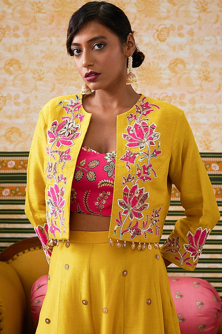 Yellow Chanderi Silk Patchwork Jacket Set by Soup by Sougat Paul at Pernia's Pop Up Shop