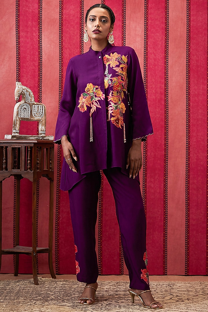 Wine Chanderi Silk Applique Work Co-Ord Set by Soup by Sougat Paul at Pernia's Pop Up Shop