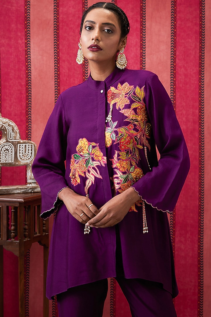 Wine Chanderi Silk Applique Work Co-Ord Set by Soup by Sougat Paul at Pernia's Pop Up Shop