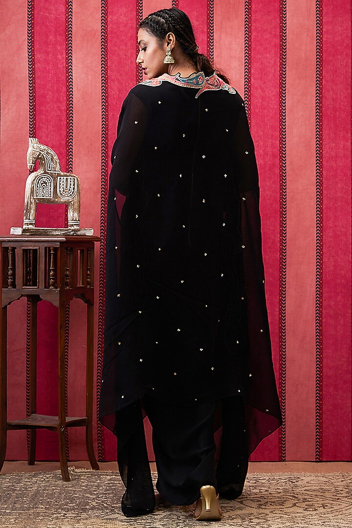 Black Satin Draped Vacation Dress With Applique Cape by Soup by Sougat Paul at Pernia's Pop Up Shop