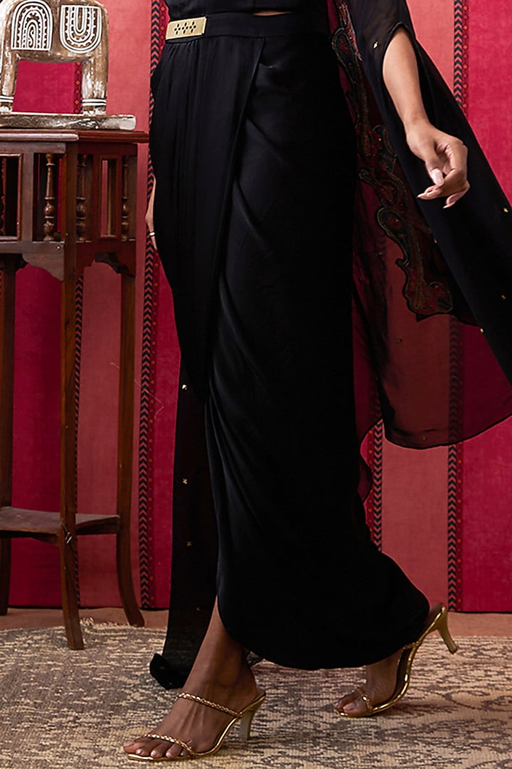 Black Satin Draped Vacation Dress With Applique Cape by Soup by Sougat Paul at Pernia's Pop Up Shop