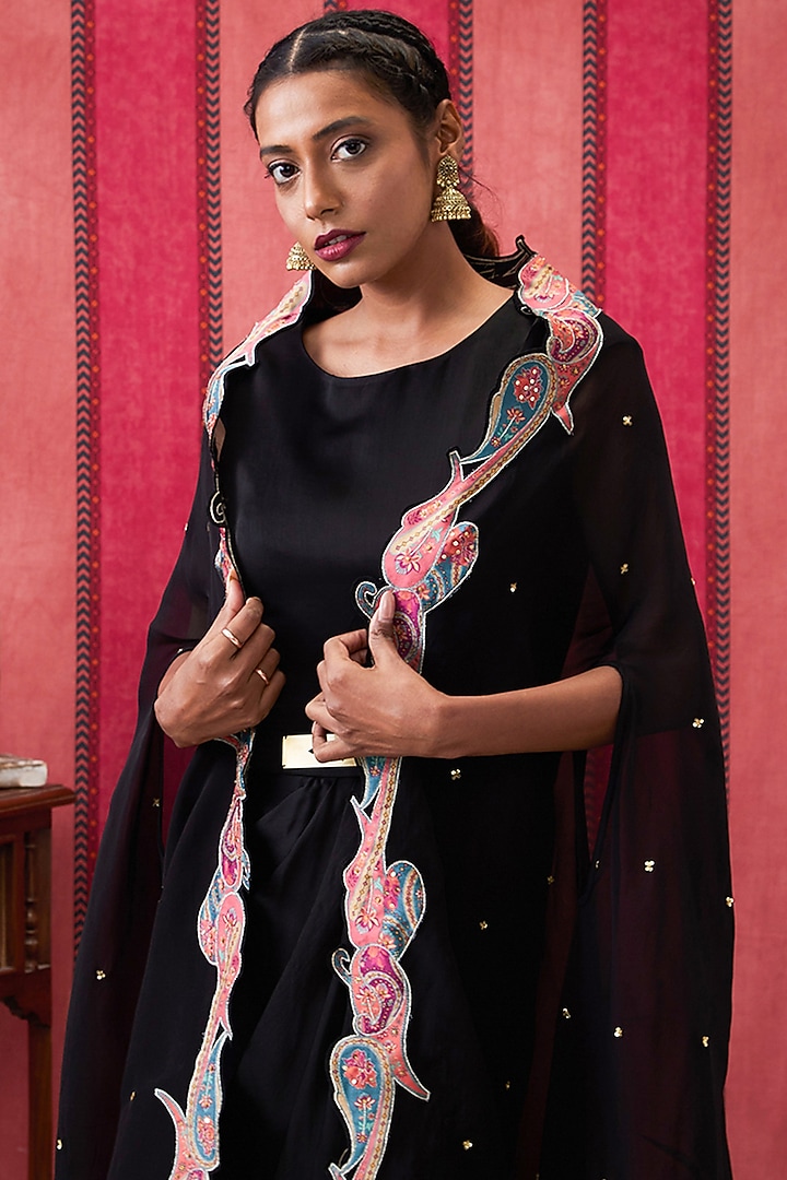 Black Satin Draped Vacation Dress With Applique Cape by Soup by Sougat Paul at Pernia's Pop Up Shop