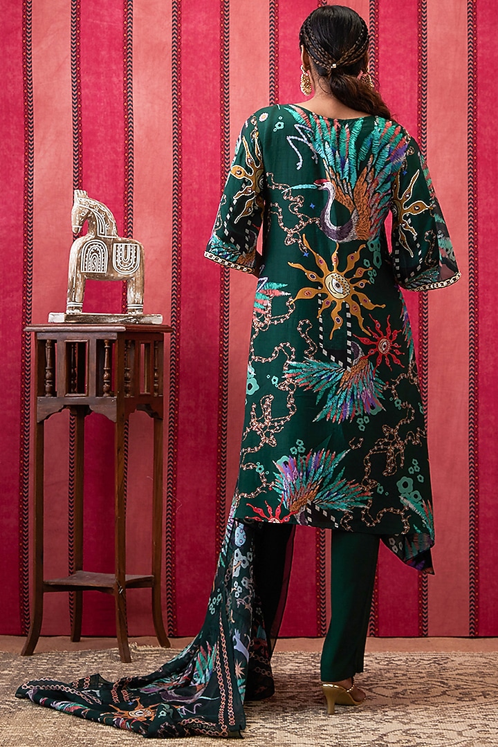 Bottle Green Malaysian Silk Embroidered Kurta Set by Soup by Sougat Paul at Pernia's Pop Up Shop