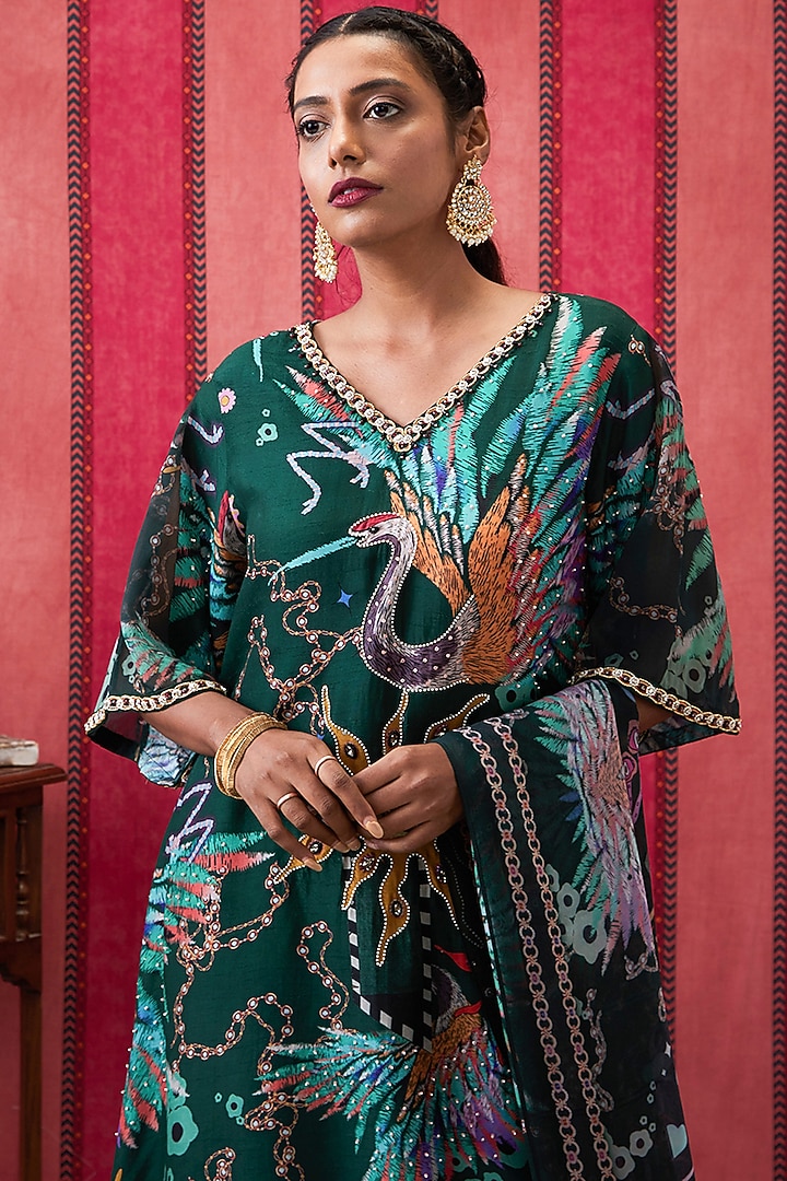 Bottle Green Malaysian Silk Embroidered Kurta Set by Soup by Sougat Paul at Pernia's Pop Up Shop