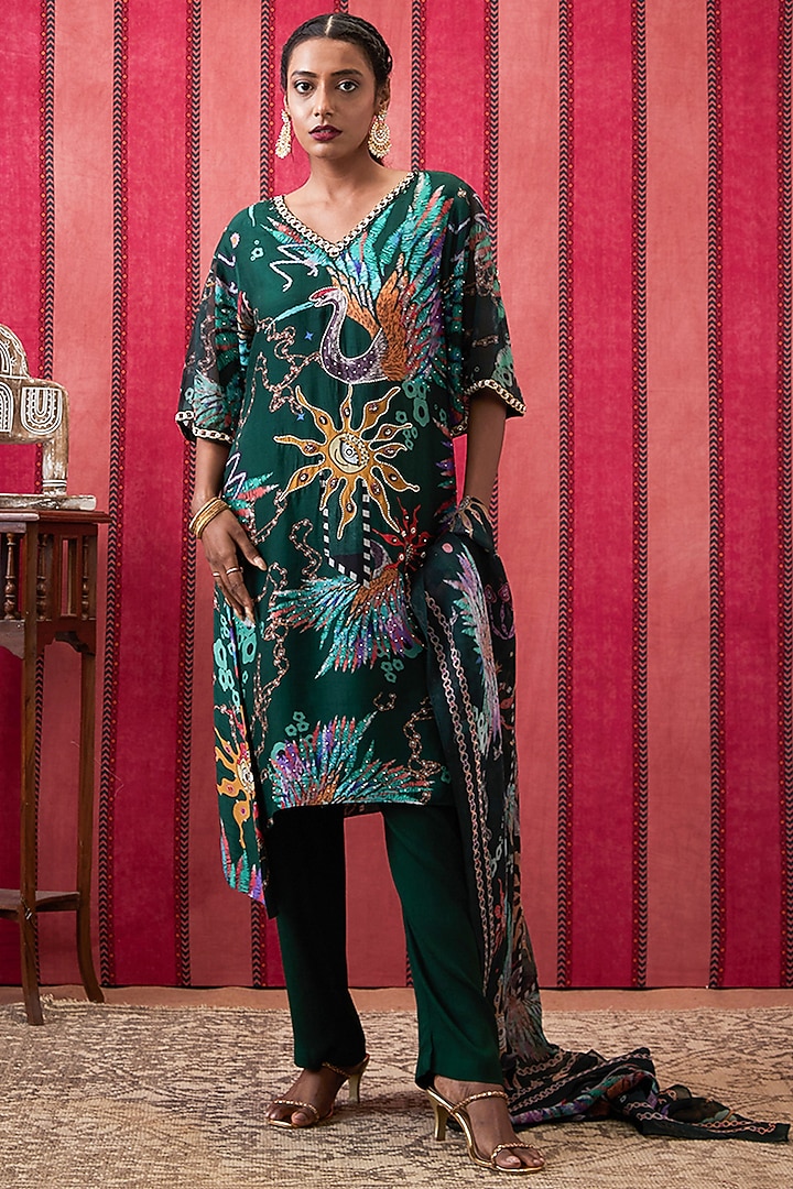 Bottle Green Malaysian Silk Embroidered Kurta Set by Soup by Sougat Paul at Pernia's Pop Up Shop