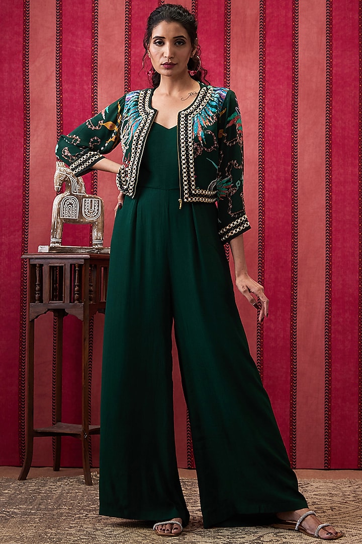 Bottle Green Crepe Jumpsuit With Embroidered Jacket by Soup by Sougat Paul at Pernia's Pop Up Shop