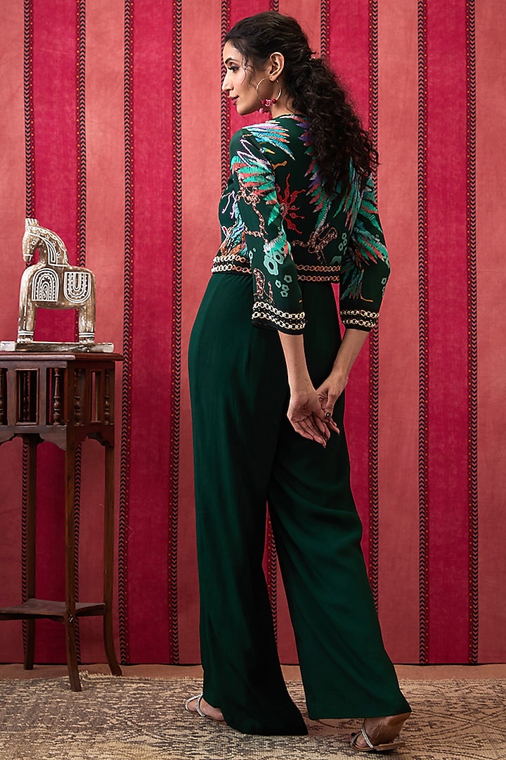 Bottle Green Crepe Jumpsuit With Embroidered Jacket by Soup by Sougat Paul at Pernia's Pop Up Shop