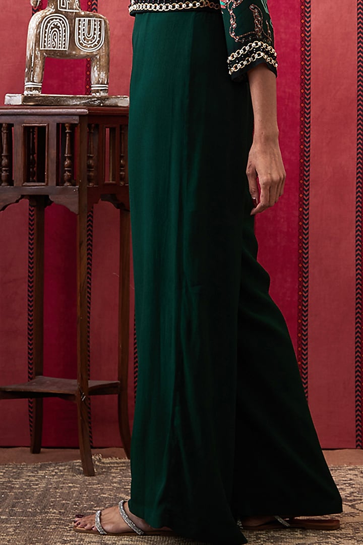 Bottle Green Crepe Jumpsuit With Embroidered Jacket by Soup by Sougat Paul at Pernia's Pop Up Shop