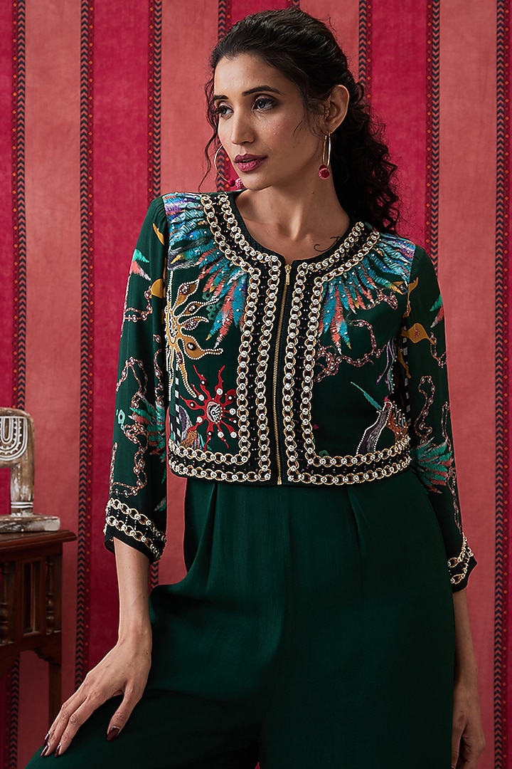 Bottle Green Crepe Jumpsuit With Embroidered Jacket by Soup by Sougat Paul at Pernia's Pop Up Shop