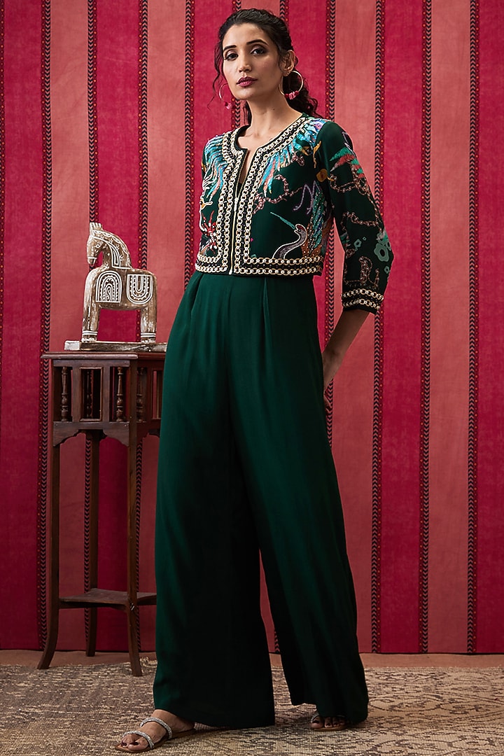 Bottle Green Crepe Jumpsuit With Embroidered Jacket by Soup by Sougat Paul at Pernia's Pop Up Shop