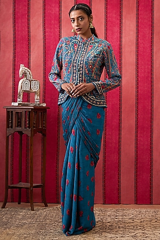 Teal Green Crepe Printed Draped Skirt Set by Soup by Sougat Paul