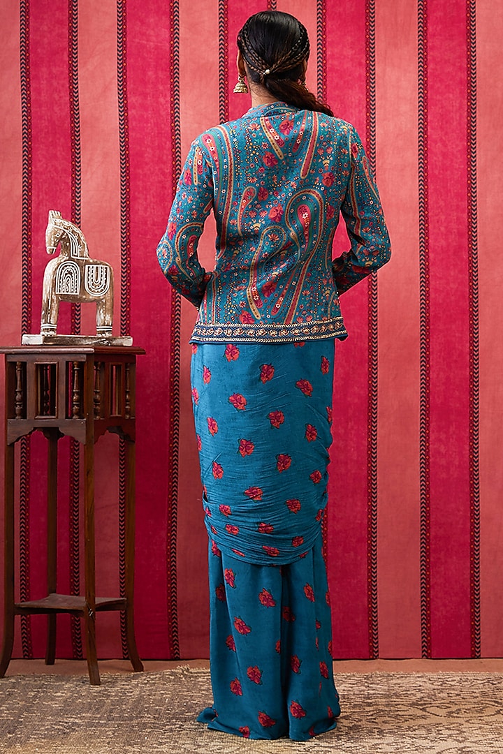 Teal Green Crepe Printed Draped Skirt Set by Soup by Sougat Paul at Pernia's Pop Up Shop