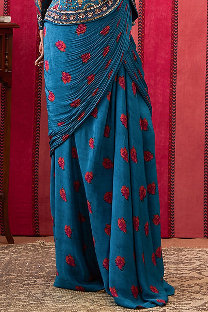 Teal Green Crepe Printed Draped Skirt Set by Soup by Sougat Paul at Pernia's Pop Up Shop
